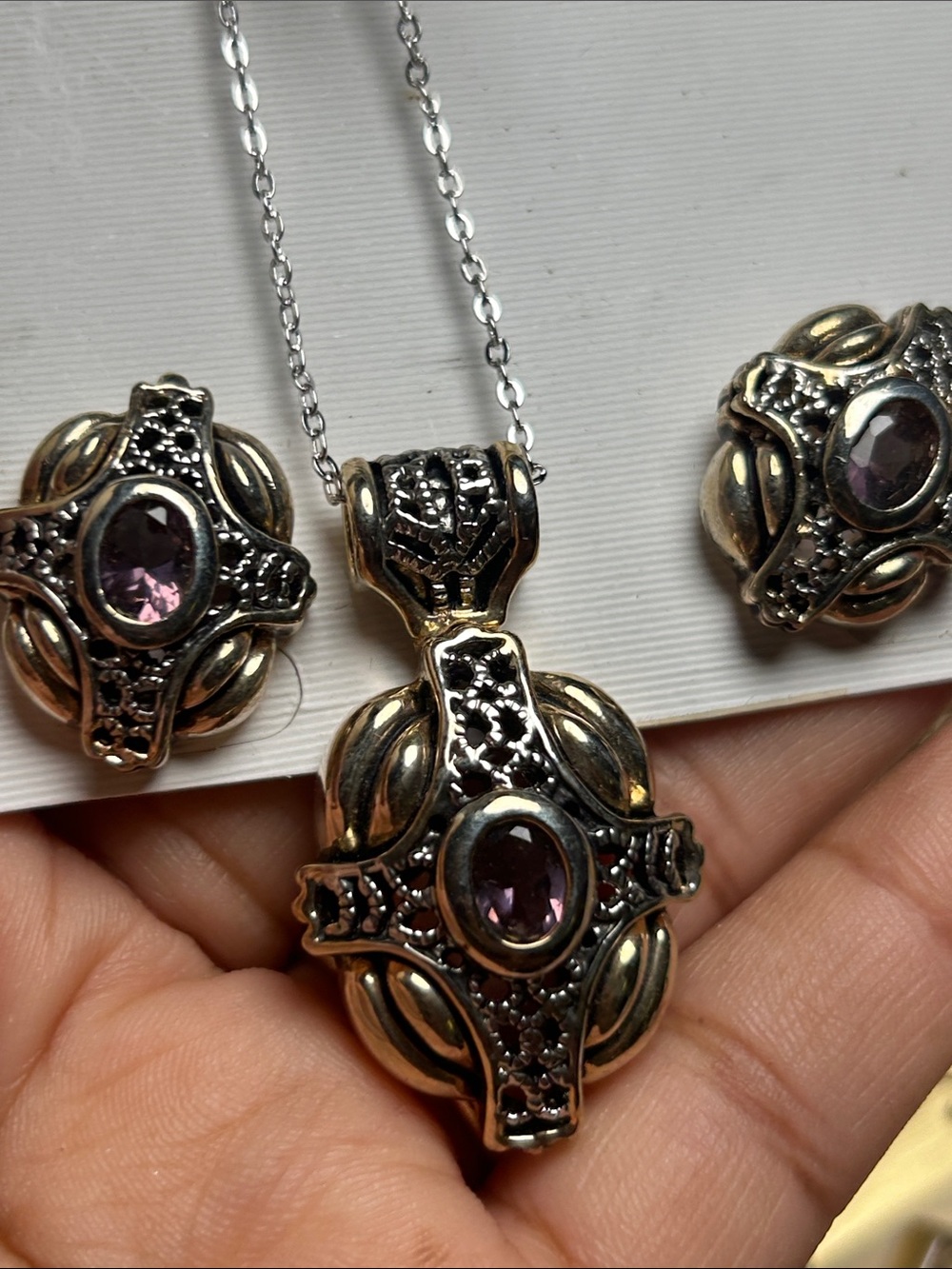 Sterling Silver and Gold-Tone Amethyst Pendant and Earring Set